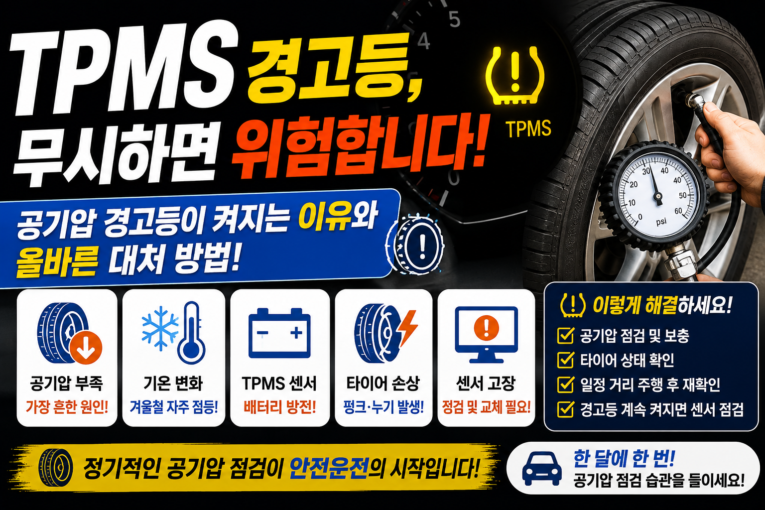 TPMS 경고등이 켜졌다면? 타이어 공기압 경고등 원인과 올바른 대처 방법