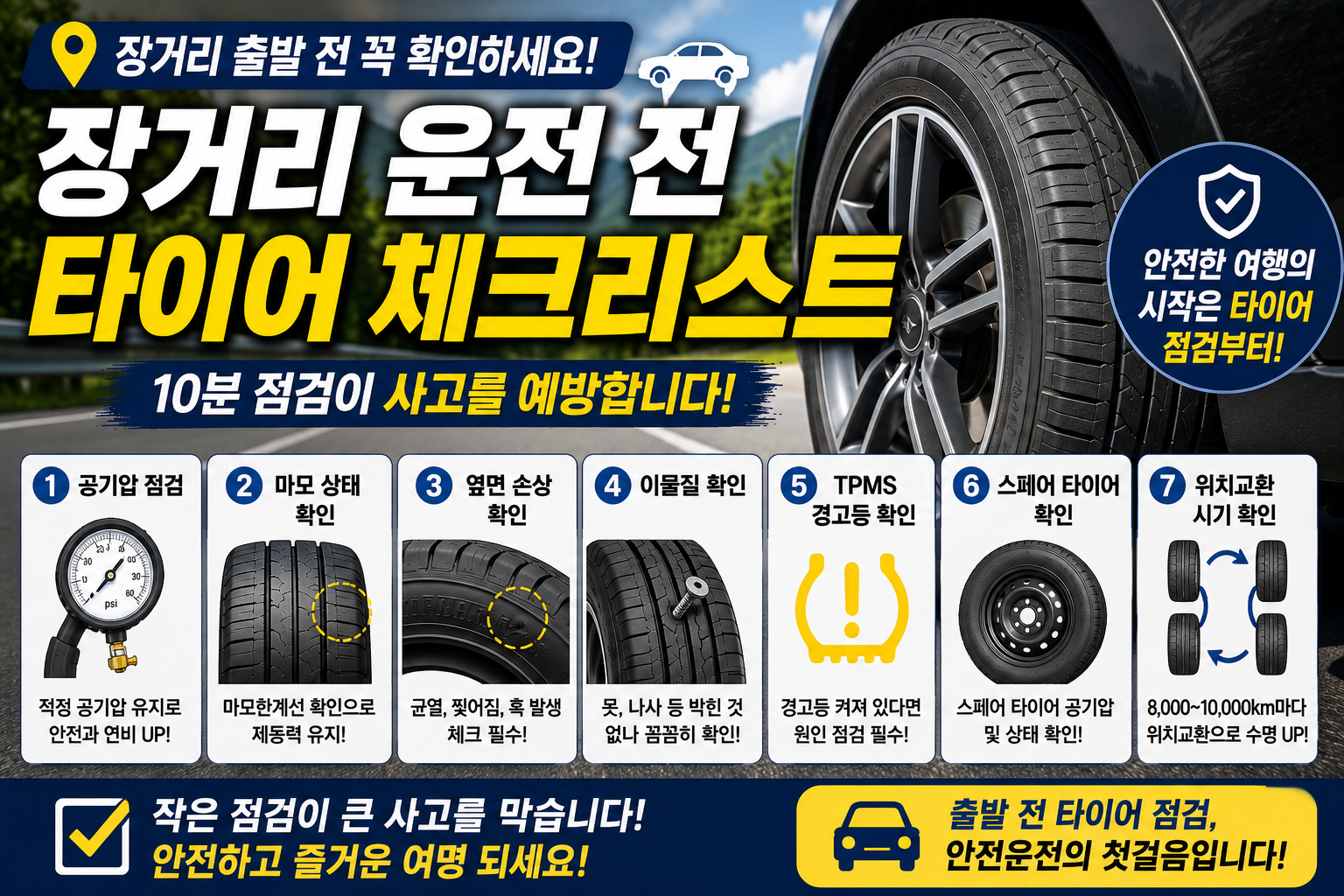 장거리 운전 전 꼭 확인해야 할 타이어 체크리스트!